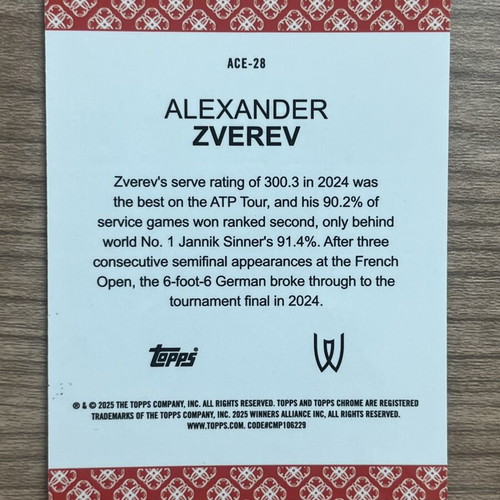 2025 Topps Chrome Alexander Zverev Ace Geometric card like new
