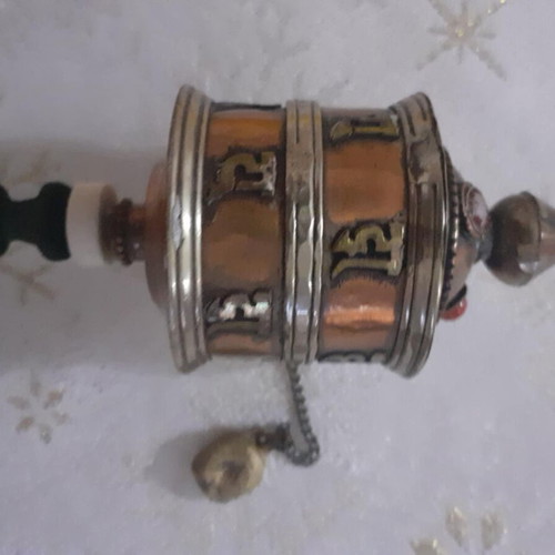 Tibetan Prayer Wheel like new with wooden handle and copper