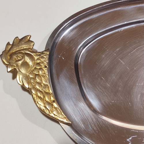Serving platters used, stainless steel with brass engravings, set of 3