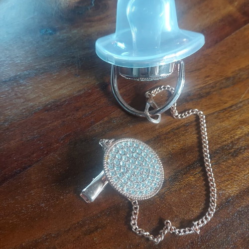 Pacifier with rhinestones and clip in pink gold new