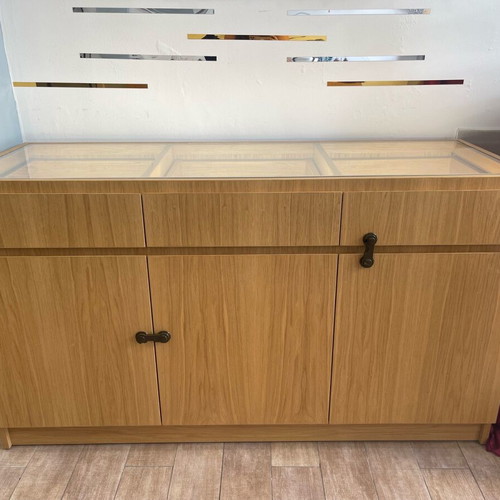 Display Cabinets like new, walnut, LED lighting, soft close, set of 2
