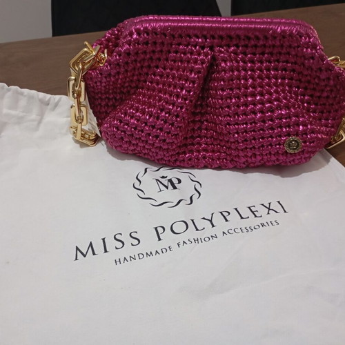 Miss Polyplexi handmade shoulder bag new, metallic fuchsia with gold chain