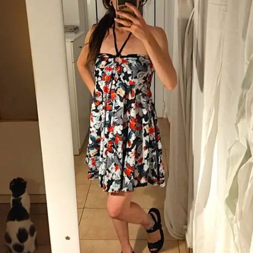 Floral mini dress like new with neck tie, S/M