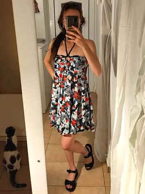 Floral mini dress like new with neck tie, S/M