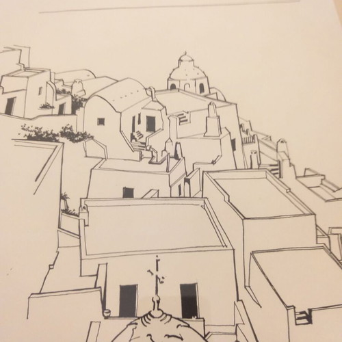 Triptych of black and white architectural prints used, Aegean settlement 1973