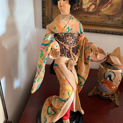 Japanese Geisha Doll used, 1960s with handmade clothes on wooden base