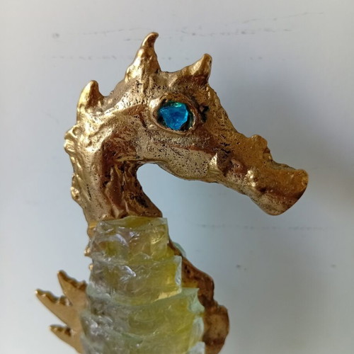 Bronze seahorse sculpture with crystals by Kyriakos Cirantonis, used