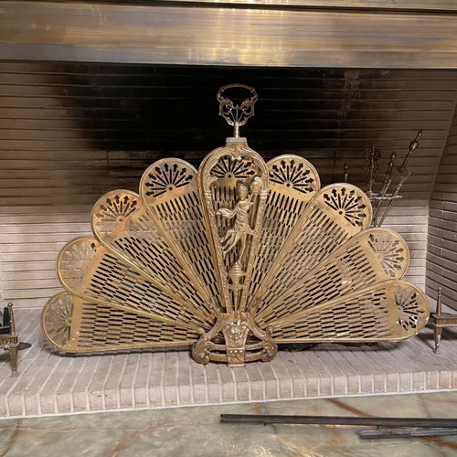 Vintage fireplace decorative screen used, solid brass peacock fan style