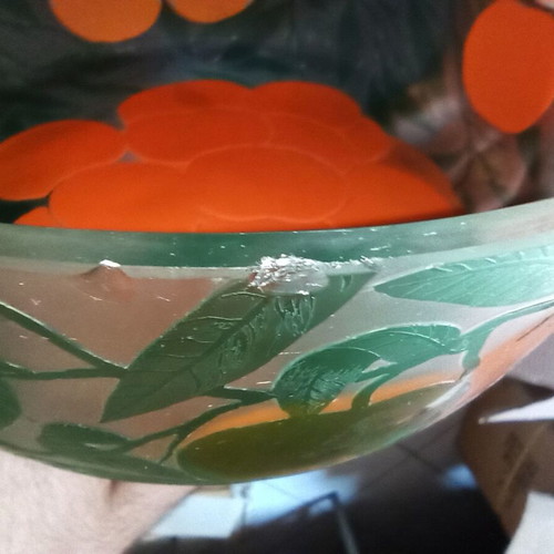 Vintage Cameo Glass Fruit Bowl used with embossed leaves and oranges