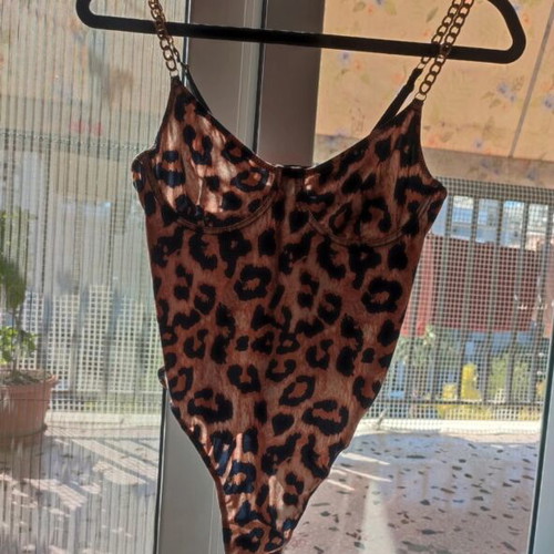 Leopard Print Bodysuit with Gold Chain, One Size, like new