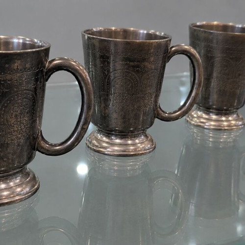 Silver-Plated Vintage Wine Cups set of 4 used, ornate floral engraving