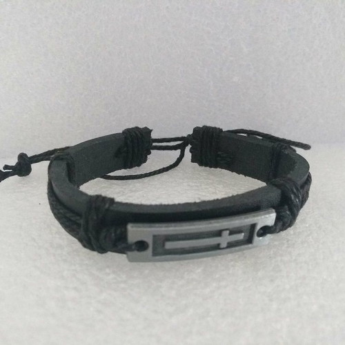 Handmade Leather Bracelet with Metal Cross in Black, like new