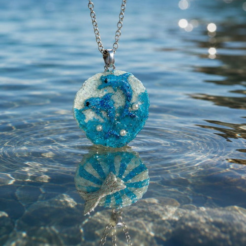 Handmade Two-Sided Necklace "Dolphins-Mermaid Tail" with Polymer Clay and Glass