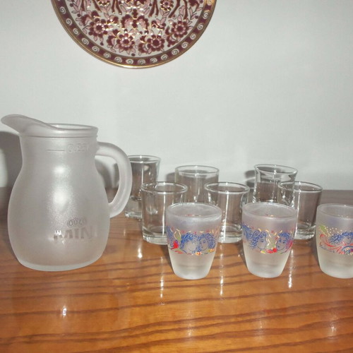 Small Ouzo Pitcher 0.25 L and Set of 9 Shot Glasses used