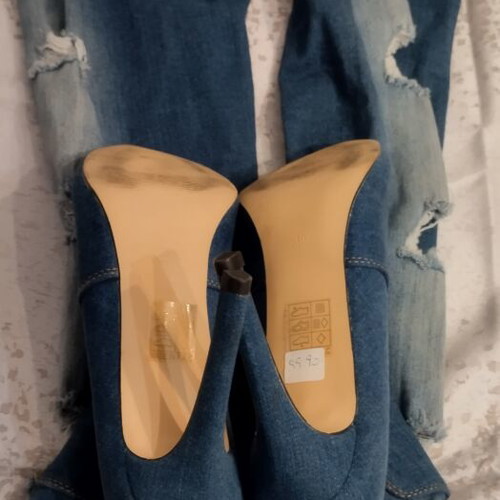 Over-the-knee boots used, blue with 9cm high heel and distressed design