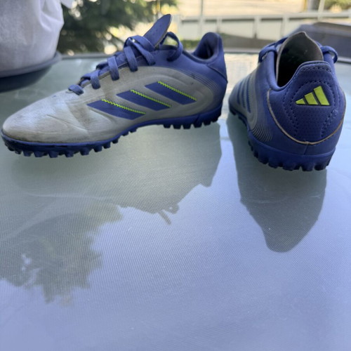 Adidas kids' football shoes with studs, size 32, grey blue