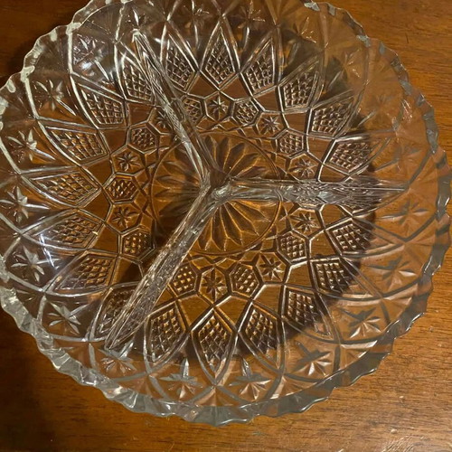 Crystal serving plate with three compartments, like new, vintage 1970s-80s
