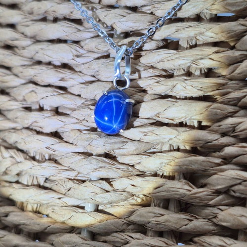 Blue Star Sapphire Silver 925 Bezel Necklace with Steel Chain new