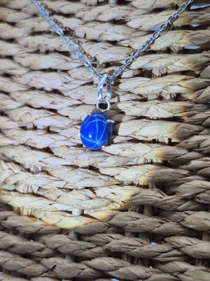 Blue Star Sapphire Silver 925 Bezel Necklace with Steel Chain new