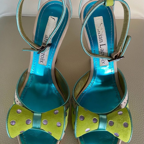 Christian Lacroix suede platform sandals like new, green with turquoise and gray details