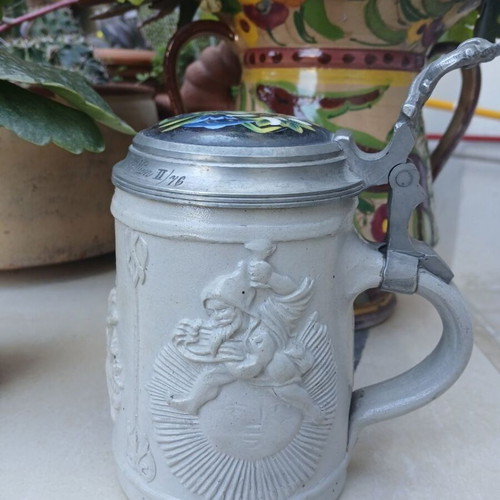 Antique German Westerwald Salt-Glazed Stoneware Beer Stein with Pewter Lid used