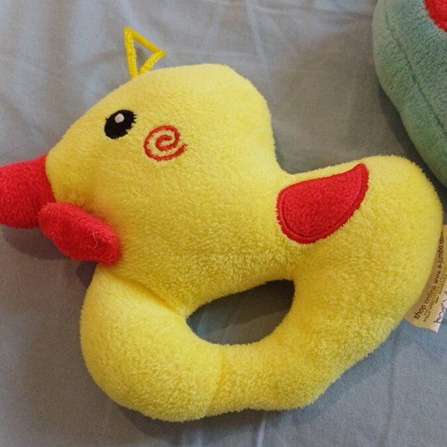 Set of 5 baby toys with octopus, ball, duck, rattle, chicken, and phone