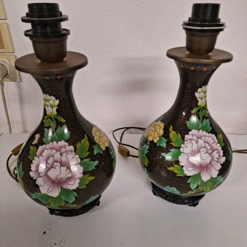 Pair of used cloisonné lamps 37 cm with enamel and wooden bases