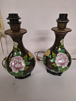 Pair of used cloisonné lamps 37 cm with enamel and wooden bases