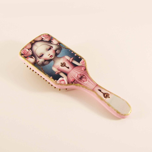 Handmade bamboo hairbrush new with pop surrealism decoration