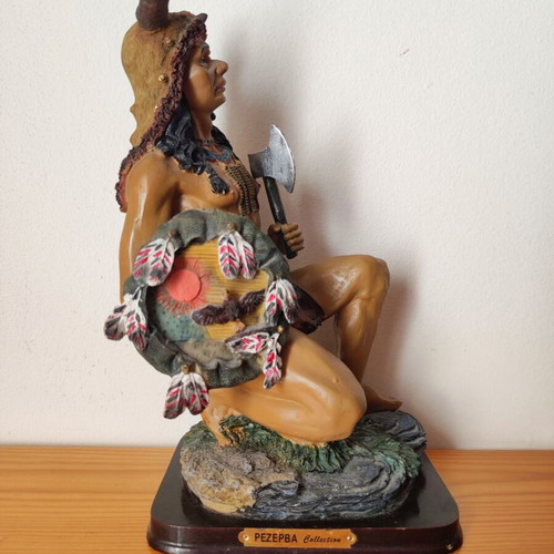 Vintage Native American warrior statue used, kneeling with spear and tomahawk