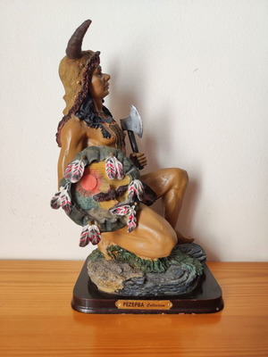 Vintage Native American warrior statue used, kneeling with spear and tomahawk