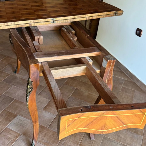 Antique walnut console table with brass and marquetry