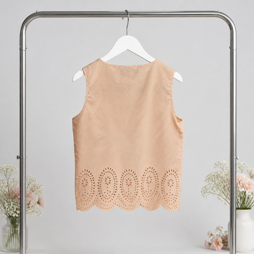 Beige Sleeveless Top with Laser-Cut Scallop Hem Size S like new