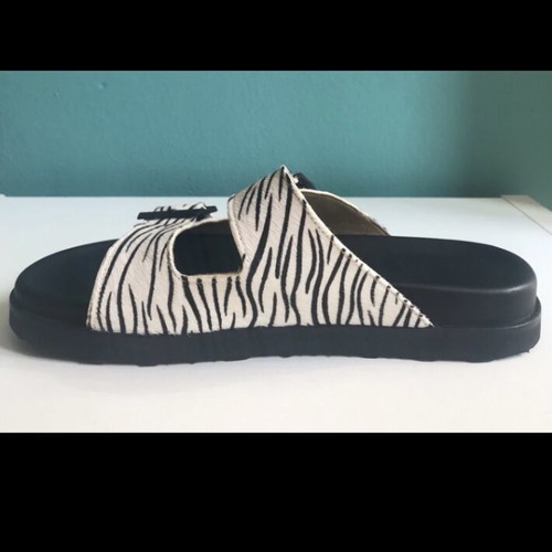 Ateneo Leather Flatform Sandals with Zebra Print, New, Size 38