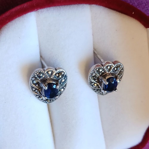 Silver 925 earrings with sapphire and marcasites, like new, vintage