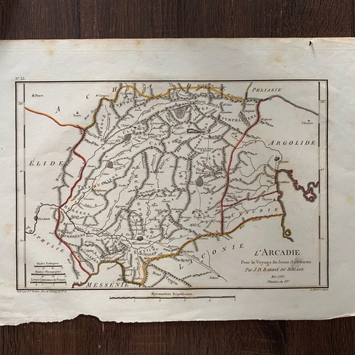 Map L'Arcadie - Ancient Peloponnese used, Jean-Denis Barbie du Bocage 1786