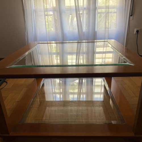 Coffee table set used, wooden with glass surfaces