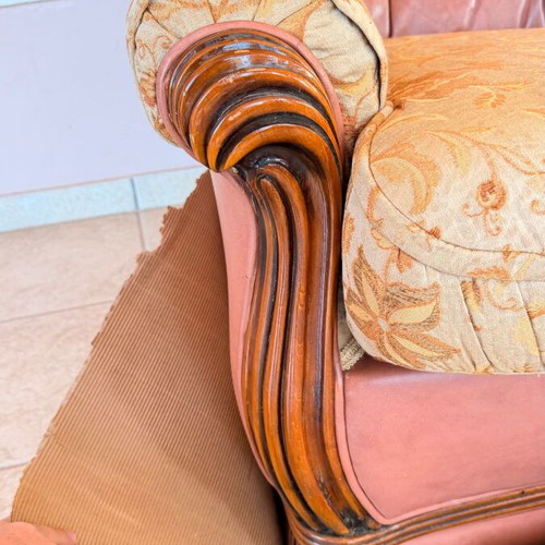 Living room set 5 pieces leather and fabric refurbished, Palazzo Athens