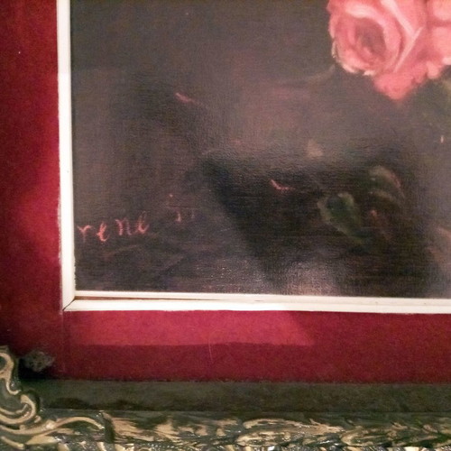 Painting with flowers used, signed Rene