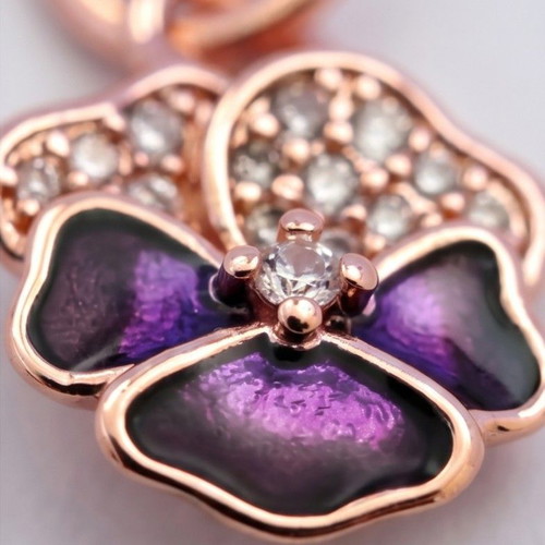 Pandora Deep Purple Pansy Flower Dangle Charm new, 14k rose gold