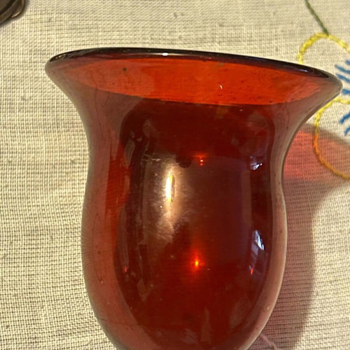 Old Silver-Plated Russian Candle Holder with Red Glass Used