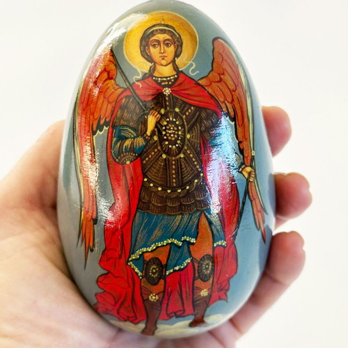Wooden hand-painted egg with Archangel Michael used, Russia 1980s