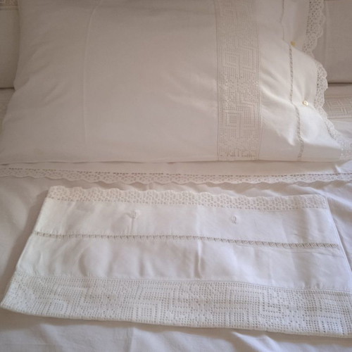 Vintage bridal handmade sheet with 4 handmade pillowcases