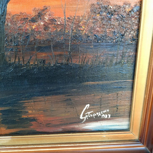 Vintage oil painting Sunset on lake 1983, like new