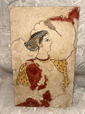 Minoan Lady fresco painting by hand, like new, marble or clay 19x12cm