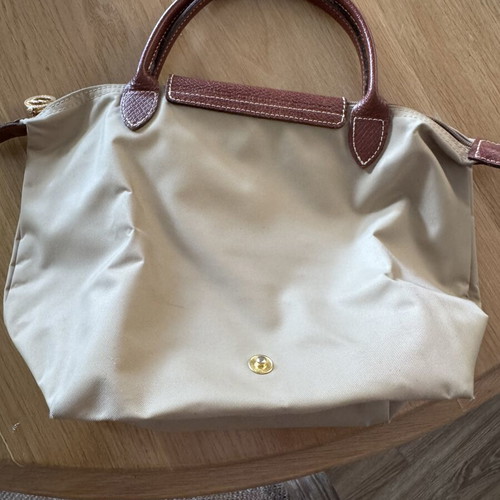Longchamp Le Pliage handbag used, beige with brown leather details