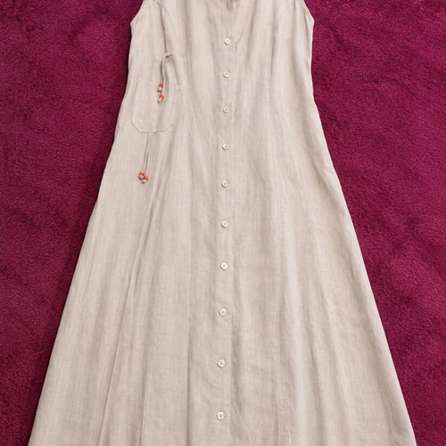 Linen dress beige sleeveless with collar and button closure new, size S