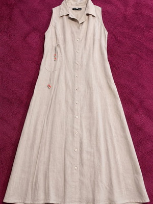 Linen dress beige sleeveless with collar and button closure new, size S