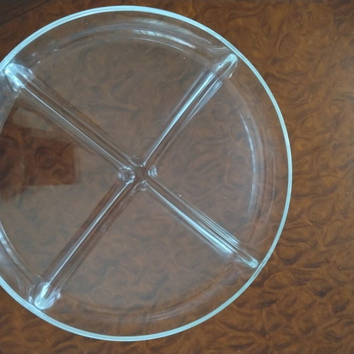 Stainless steel serving tray with removable glass divider, 28 cm