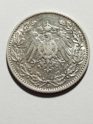Γερμανική Αυτοκρατορία 1/2 Mark 1908 J μεταχειρισμένο ασημένιο νόμισμα